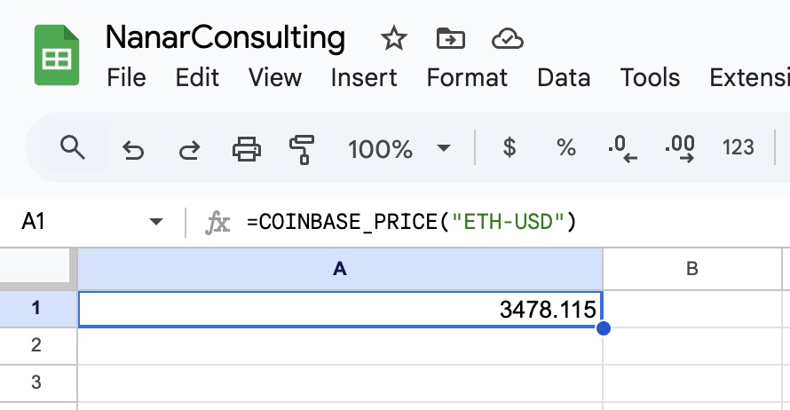 A Google Sheet showing the custom function =COINBASE_PRICE('ETH-USD') returning a live price.
